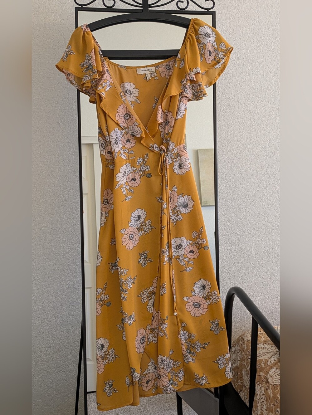 Yellow Floral Wrap Midi Dress Flutter Sleeve